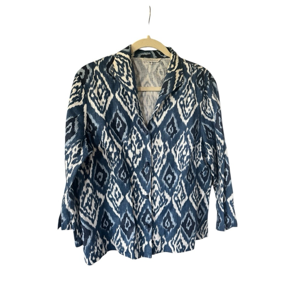 Connie Roberson Blue White Geometric Aztec Linen Blazer Medium